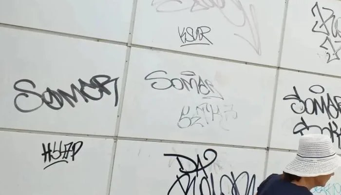 Крупный план граффити и объявлений на стене подъезда